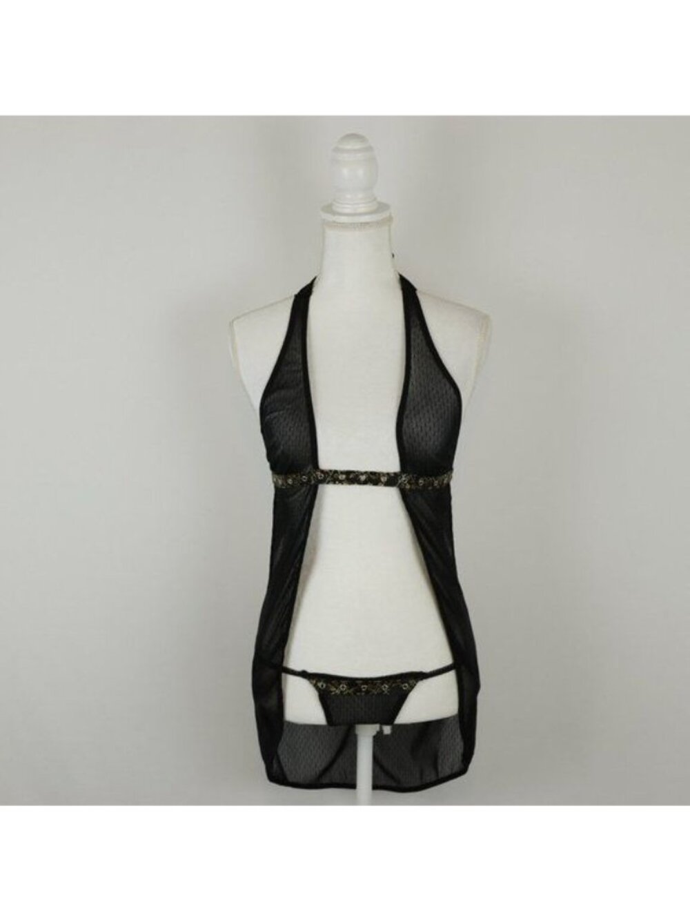 Elegant Moments Women's Small Black Mesh Halter 2 Piece Lingerie Set